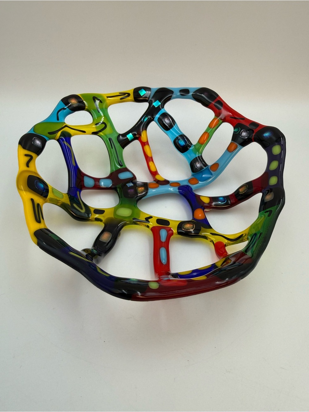 Handmade Fused Glass Coral Web Bowl Multi Colored 7.5” Signed